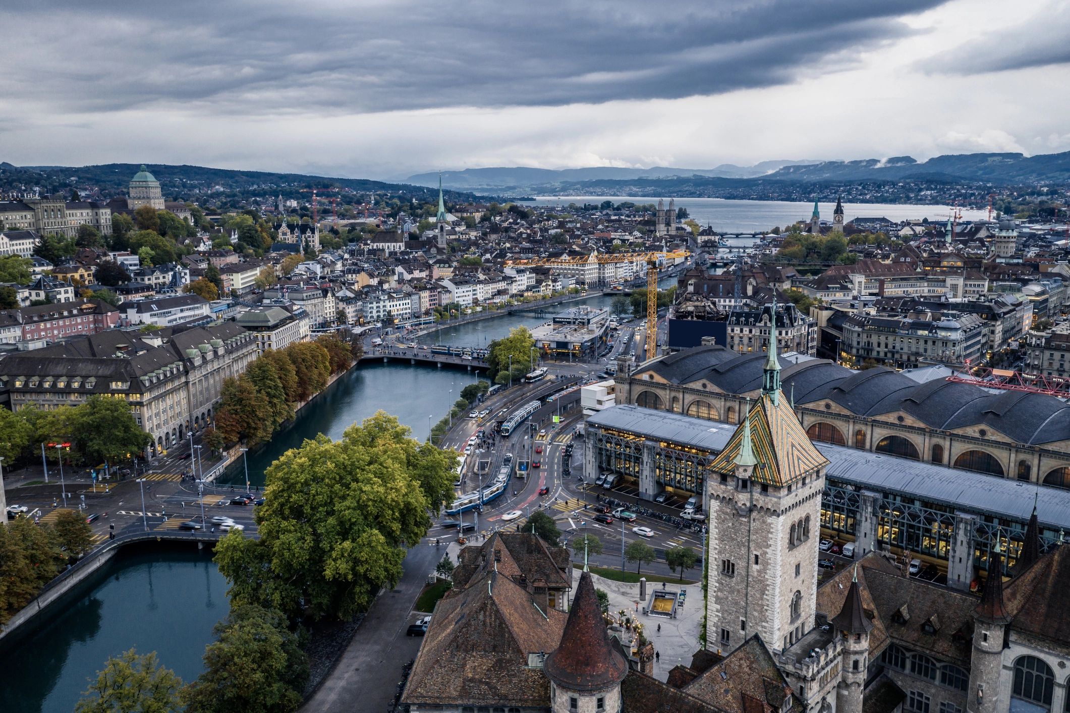 Aerial view of Zurich, Switzerland, with the Limmat river